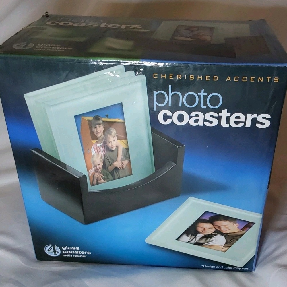 NEW Set 4 Cherished Accents Photo Coasters w/Wood Holder,Orig Box,2" x 3" Photos